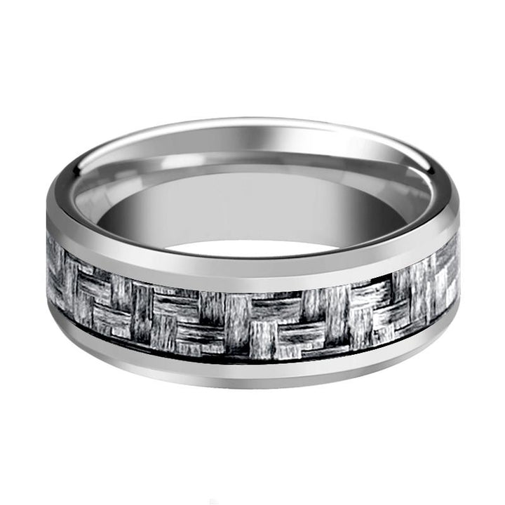 SKYLO | Silver Tungsten Ring, Grey Carbon Fiber Inlay, Beveled - Rings - Aydins Jewelry - 2