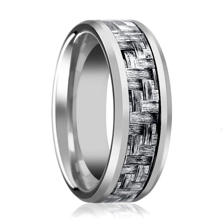 SKYLO | Silver Tungsten Ring, Grey Carbon Fiber Inlay, Beveled - Rings - Aydins Jewelry - 1