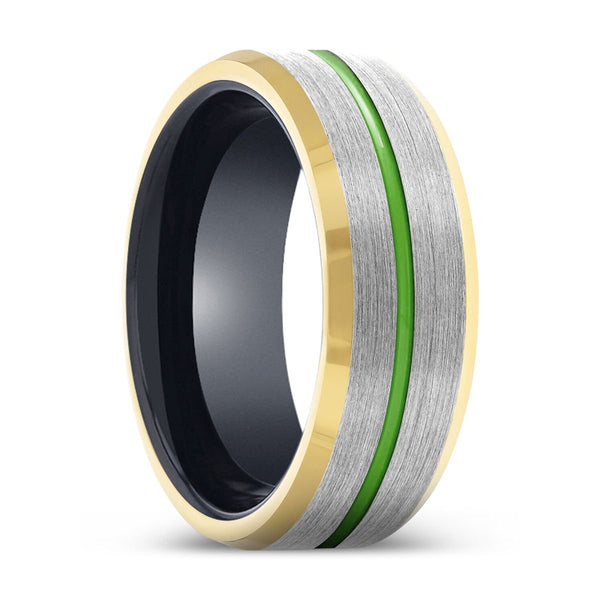 SKYMAGE | Black Ring, Silver Tungsten Ring, Green Groove, Gold Beveled Edge - Rings - Aydins Jewelry - 1
