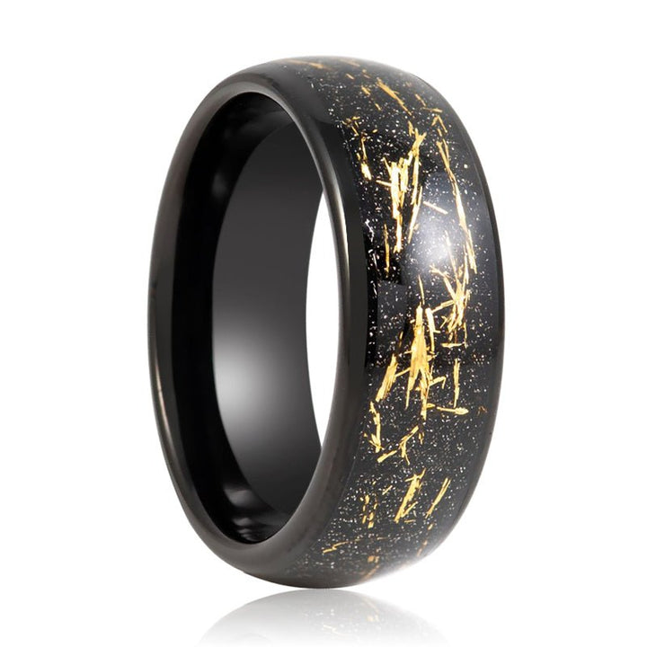 SLICK | Black Tungsten Ring, Black/Yellow Imitation Meteorite, Domed - Rings - Aydins Jewelry - 1