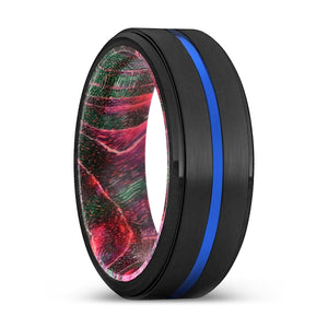 SMISON | Green & Red Wood, Black Tungsten Ring, Blue Groove, Stepped Edge - Rings - Aydins Jewelry - 1