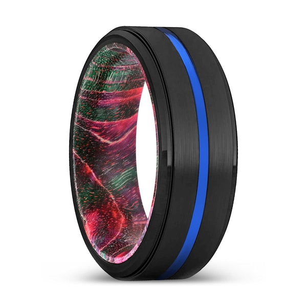 SMISON | Green & Red Wood, Black Tungsten Ring, Blue Groove, Stepped Edge - Rings - Aydins Jewelry - 1