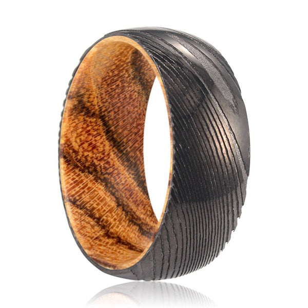 SMORE | Bocote Wood, Gunmetal Damascus Steel Ring, Domed - Rings - Aydins Jewelry - 1