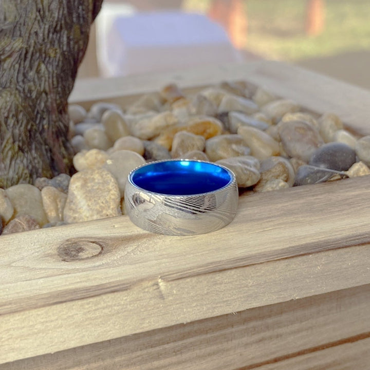 SMURF | Blue Ring, Silver Damascus Steel, Domed - Rings - Aydins Jewelry - 7