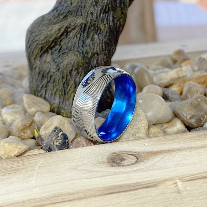 SMURF | Blue Ring, Silver Damascus Steel, Domed - Rings - Aydins Jewelry - 5