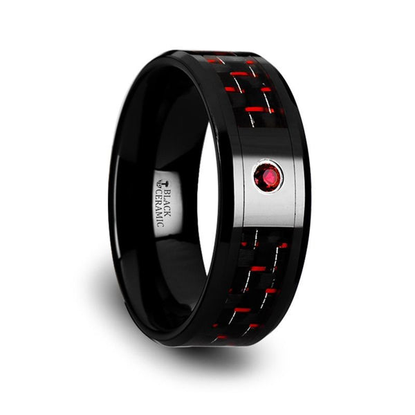SORRELL | Black Ceramic Ring, Red Ruby Stone, Red Carbon Fiber Inlay, Beveled