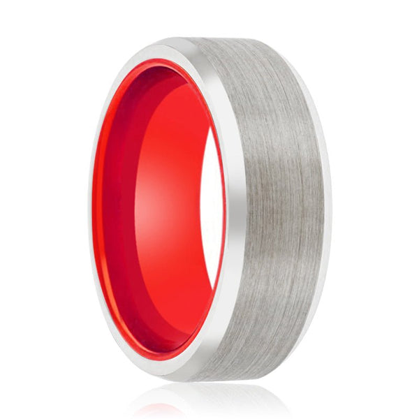 SPARK | Red Ring, Silver Tungsten Ring, Brushed, Beveled