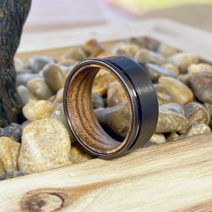 SPARKS | Zebra Wood, Gunmetal Tungsten Offset Groove - Rings - Aydins Jewelry - 3
