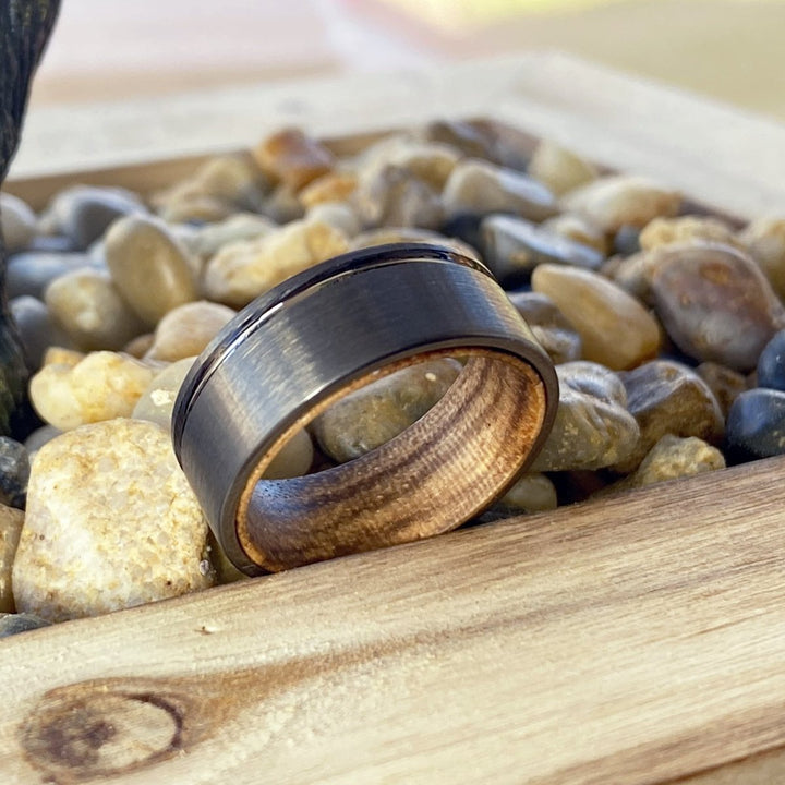 SPARKS | Zebra Wood, Gunmetal Tungsten Offset Groove - Rings - Aydins Jewelry - 4
