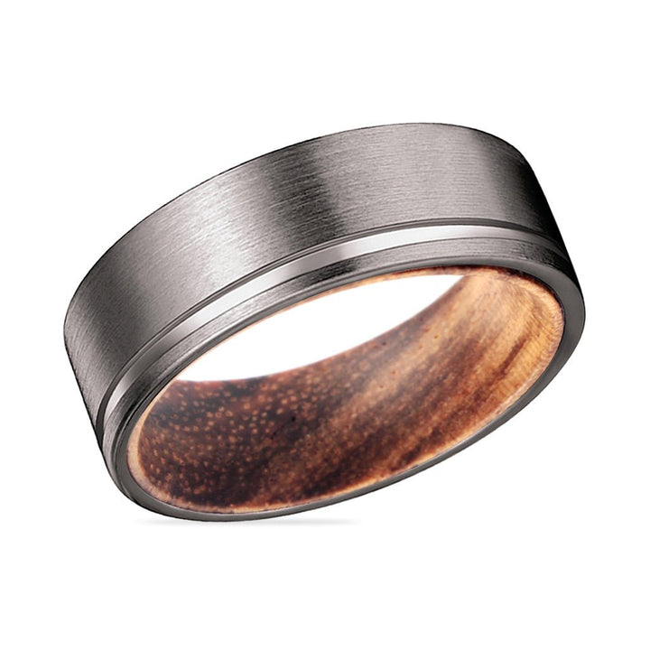 SPARKS | Zebra Wood, Gunmetal Tungsten Offset Groove - Rings - Aydins Jewelry - 2