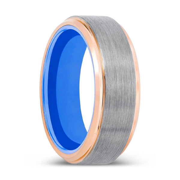 SPARROW | Blue Ring, Silver Tungsten Ring, Brushed, Rose Gold Stepped Edge