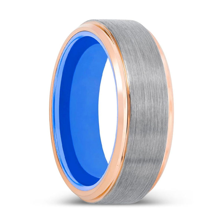 SPARROW | Blue Ring, Silver Tungsten Ring, Brushed, Rose Gold Stepped Edge - Rings - Aydins Jewelry - 1