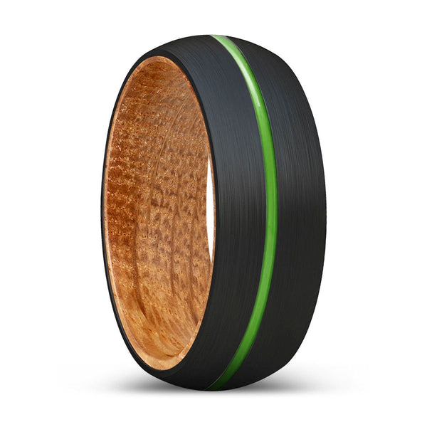 SPARTAN | Whiskey Barrel Wood, Black Tungsten Ring, Green Groove, Domed