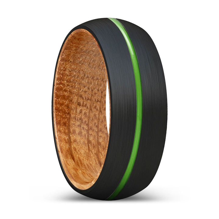 SPARTAN | Whiskey Barrel Wood, Black Tungsten Ring, Green Groove, Domed - Rings - Aydins Jewelry - 1