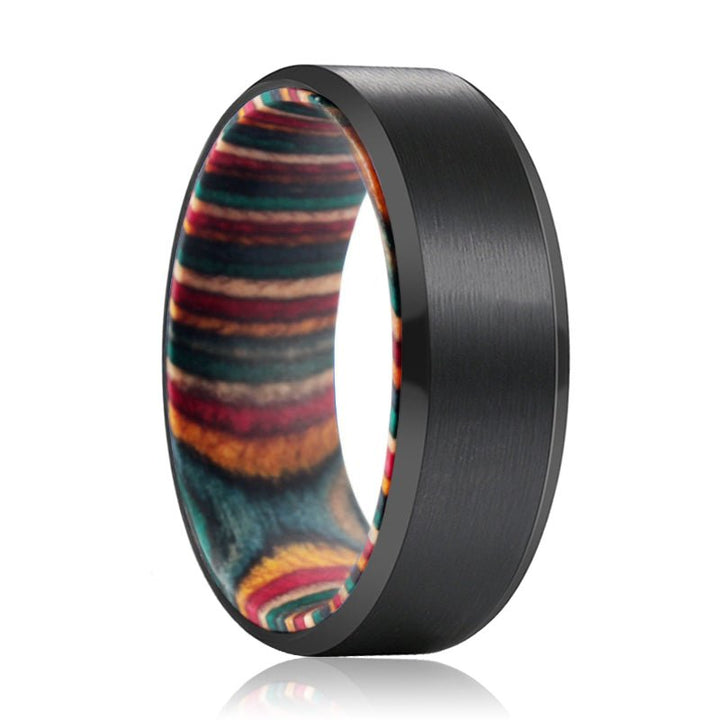 SPECK | Multi Color Wood, Black Tungsten Ring, Brushed, Beveled - Rings - Aydins Jewelry - 1