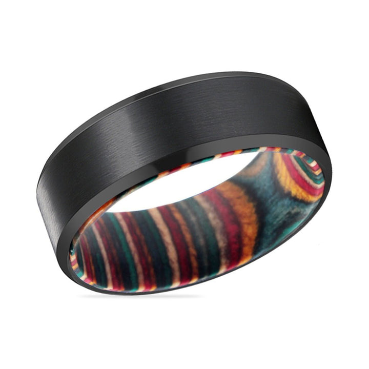 SPECK | Multi Color Wood, Black Tungsten Ring, Brushed, Beveled - Rings - Aydins Jewelry - 2