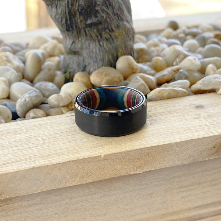 SPECK | Multi Color Wood, Black Tungsten Ring, Brushed, Beveled - Rings - Aydins Jewelry - 6