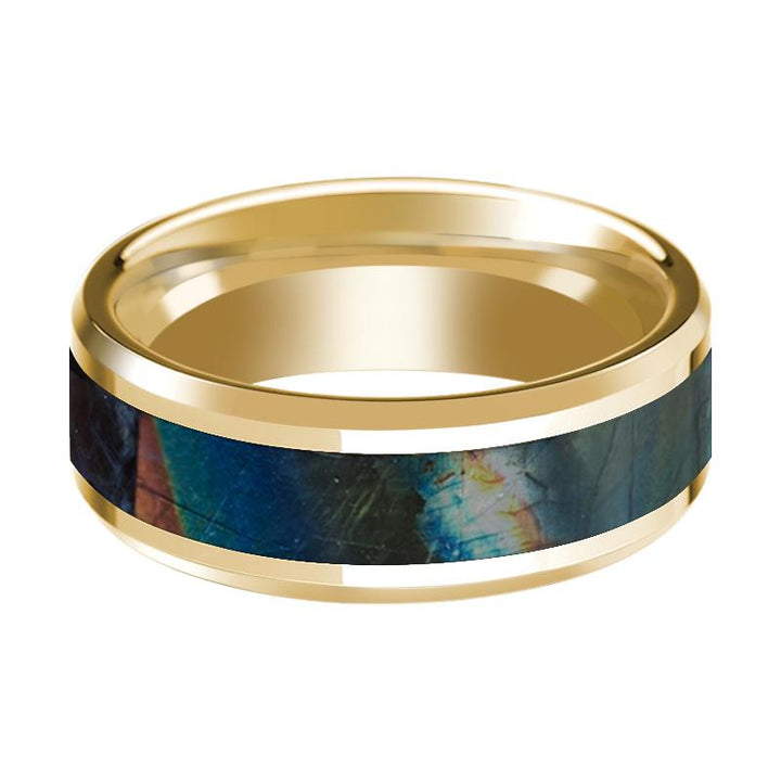 Spectrolite Inlaid Men's 14k Yellow Gold Polished Wedding Band with Beveled Edges - 8MM - Rings - Aydins Jewelry - 2