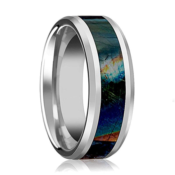 Spectrolite Inlaid Men's Tungsten Wedding Band with Beveled Edges & Polished Finish - 8MM