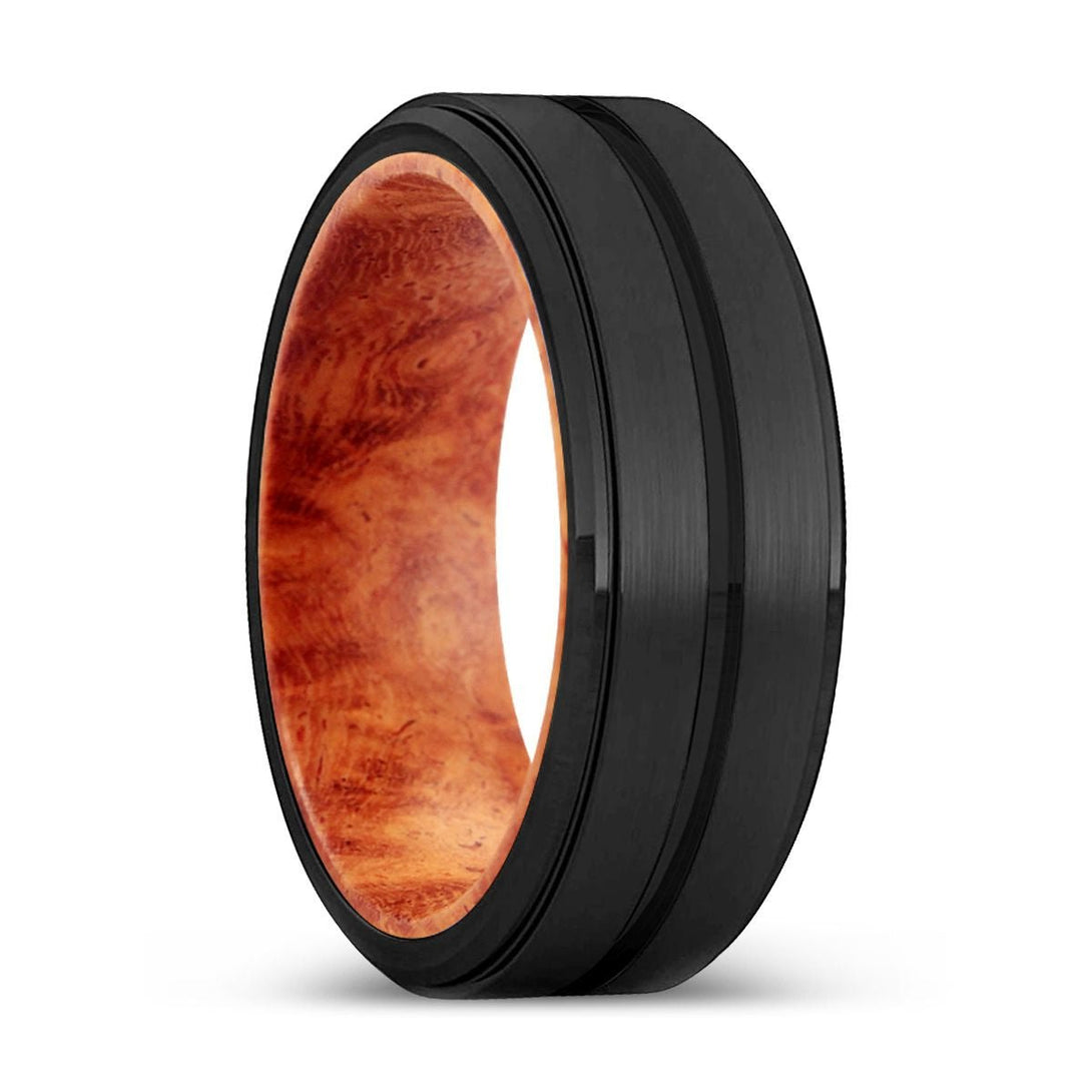 SPICE | Red Burl Wood, Black Tungsten Ring, Grooved, Stepped Edge - Rings - Aydins Jewelry - 1