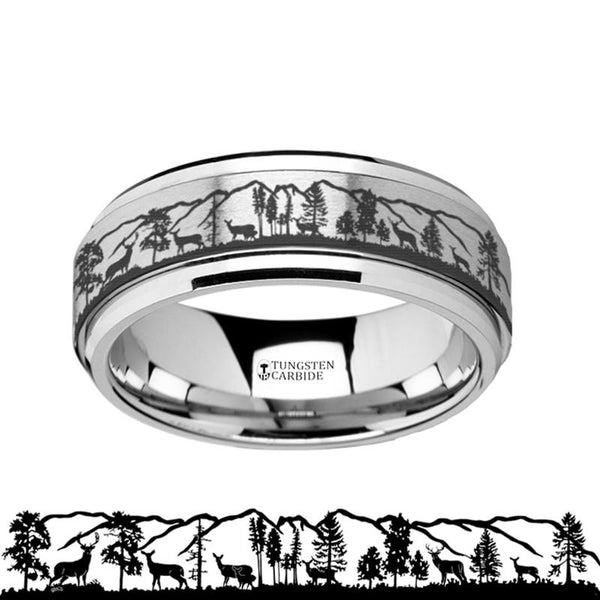 Spinning Engraved Animal Landscape Scene Roaming Deer Stag Men's Tungsten Wedding Band - 8MM - Rings - Aydins Jewelry - 1