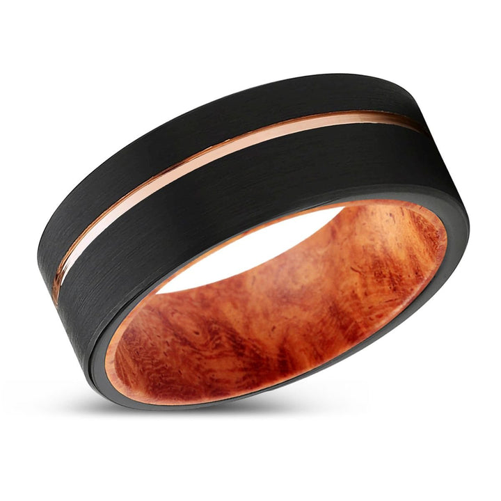 SPIRE | Red Burl Wood, Black Tungsten Ring, Rose Gold Offset Groove, Brushed, Flat - Rings - Aydins Jewelry - 2
