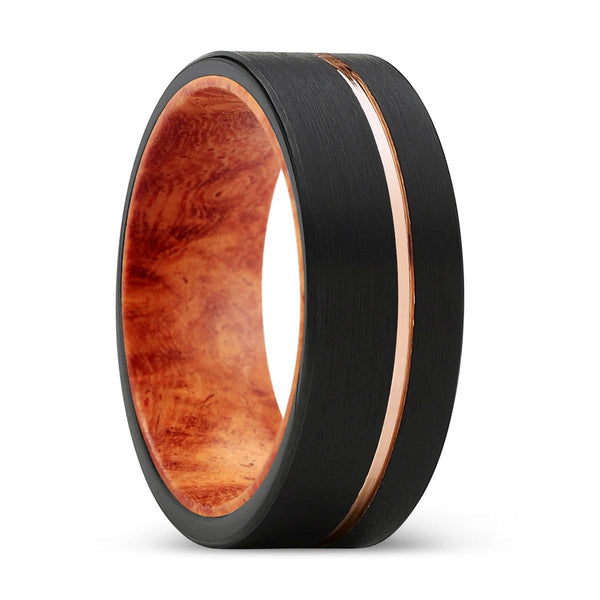 SPIRE | Red Burl Wood, Black Tungsten Ring, Rose Gold Offset Groove, Brushed, Flat - Rings - Aydins Jewelry - 1