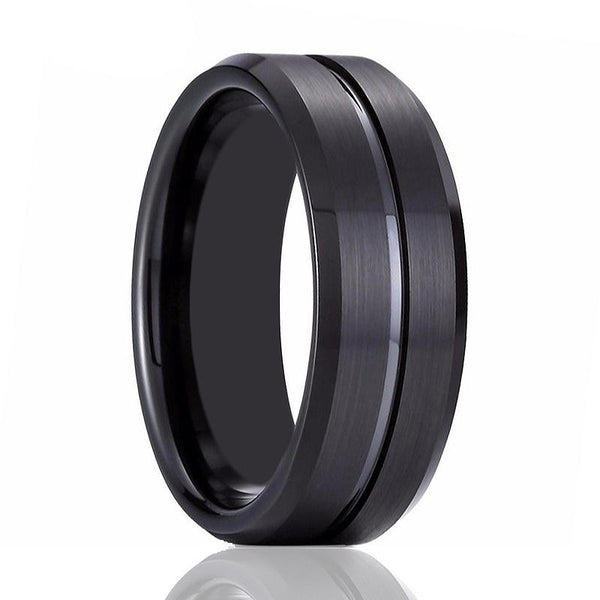 SQUAD | Black Tungsten Ring, Black Shiny Groove, Beveled - Rings - Aydins Jewelry - 1