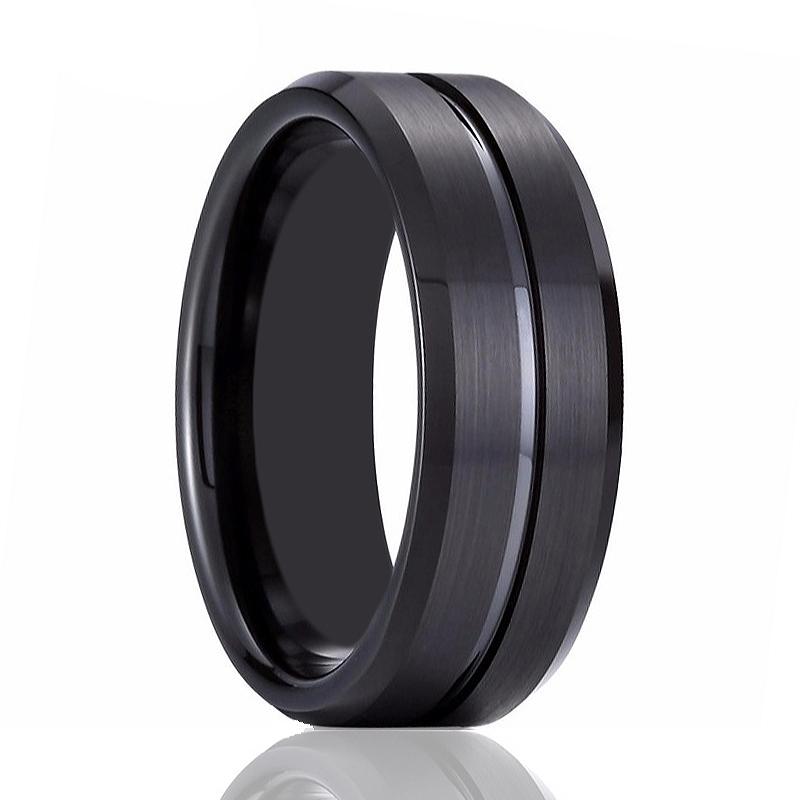Beveled Tungsten Men's Wedding Band With Black Groove in Center Brushed Finish - Rings - Aydins_Jewelry