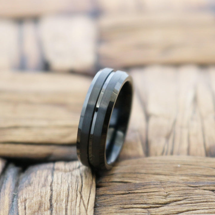 SQUAD | Black Tungsten Ring, Black Shiny Groove, Beveled - Rings - Aydins Jewelry - 3
