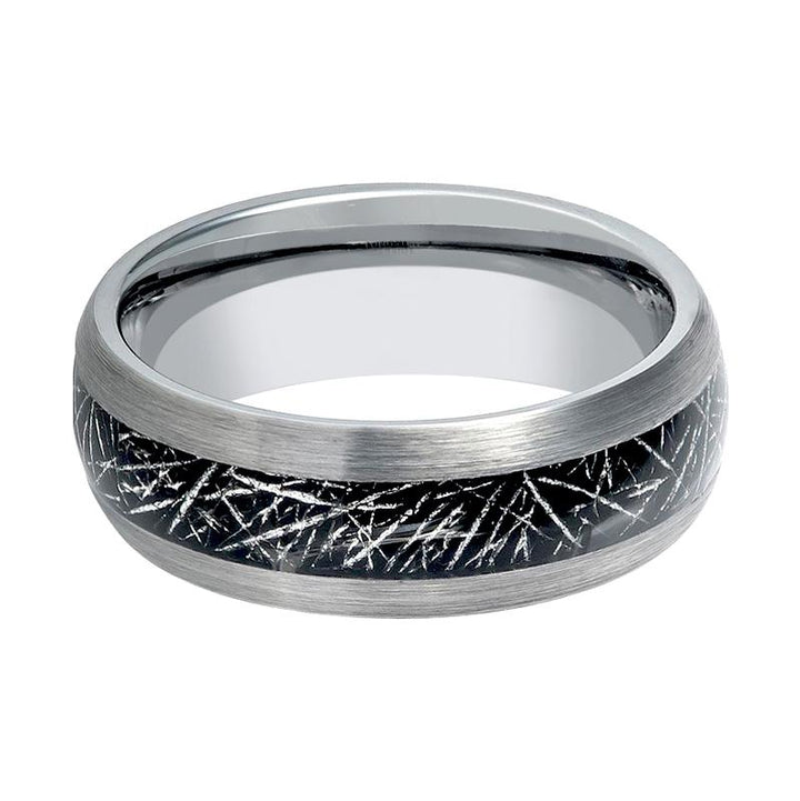 STARY | Silver Tungsten Ring, Black Imitation Meteorite Inlay, Domed