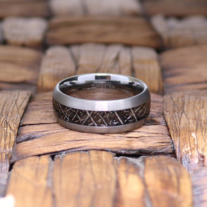STARY | Silver Tungsten Ring, Black Imitation Meteorite Inlay, Domed - Rings - Aydins Jewelry - 4