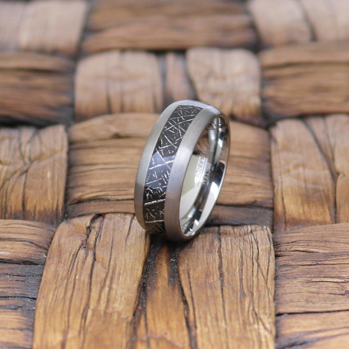 STARY | Silver Tungsten Ring, Black Imitation Meteorite Inlay, Domed - Rings - Aydins Jewelry - 3