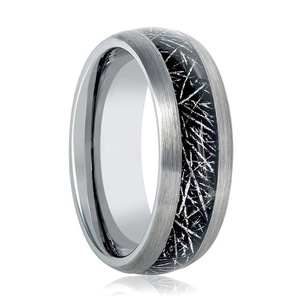 STARY | Silver Tungsten Ring, Black Imitation Meteorite Inlay, Domed - Rings - Aydins Jewelry - 1