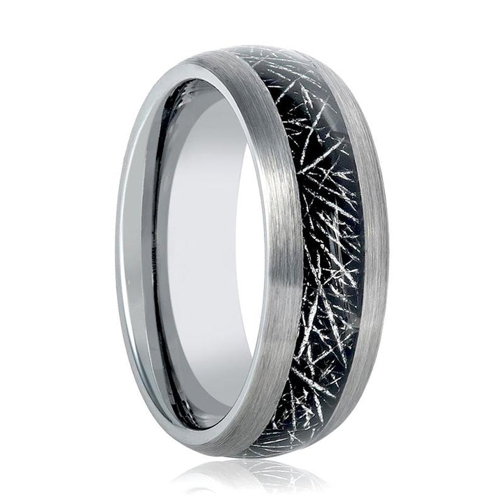 STARY | Silver Tungsten Ring, Black Imitation Meteorite Inlay, Domed