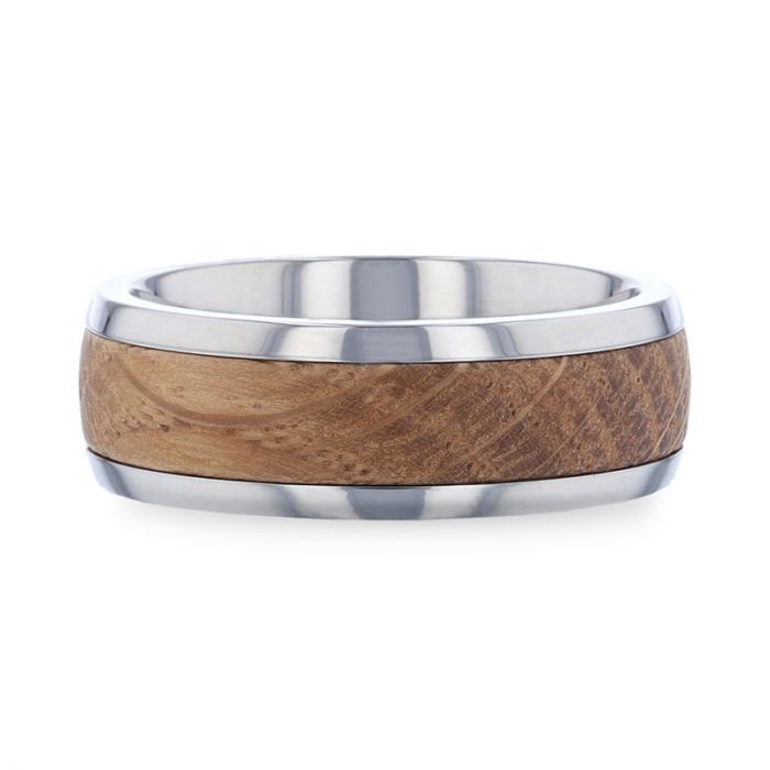 STAVE | Silver Titanium Ring, Whiskey Barrel Wood Inlay, Domed - Rings - Aydins Jewelry - 3