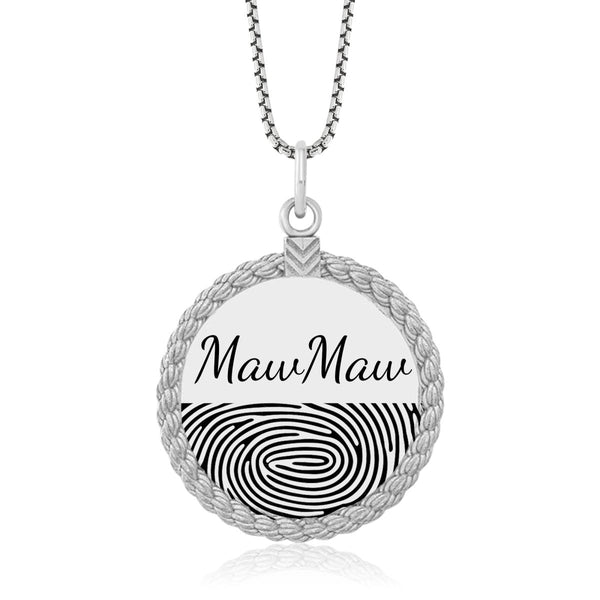 Sterling Silver Fingerprint Circle Pendant With Rope