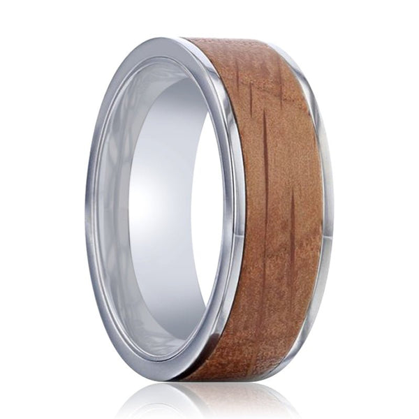 STILL | Silver Titanium Ring, Whiskey Barrel Wood Inlay, Flat