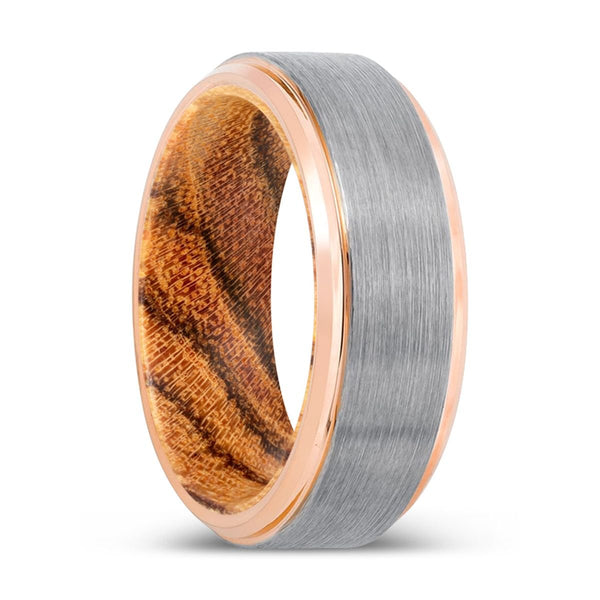 STINGER | Bocote Wood, Silver Tungsten Ring, Brushed, Rose Gold Stepped Edge - Rings - Aydins Jewelry - 1