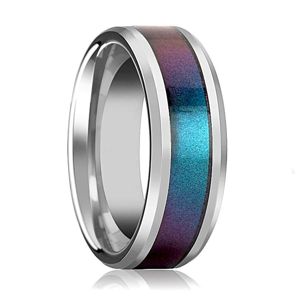 STINGRAY | Silver Tungsten Ring, Blue Purple Color Changing Inlay, Beveled