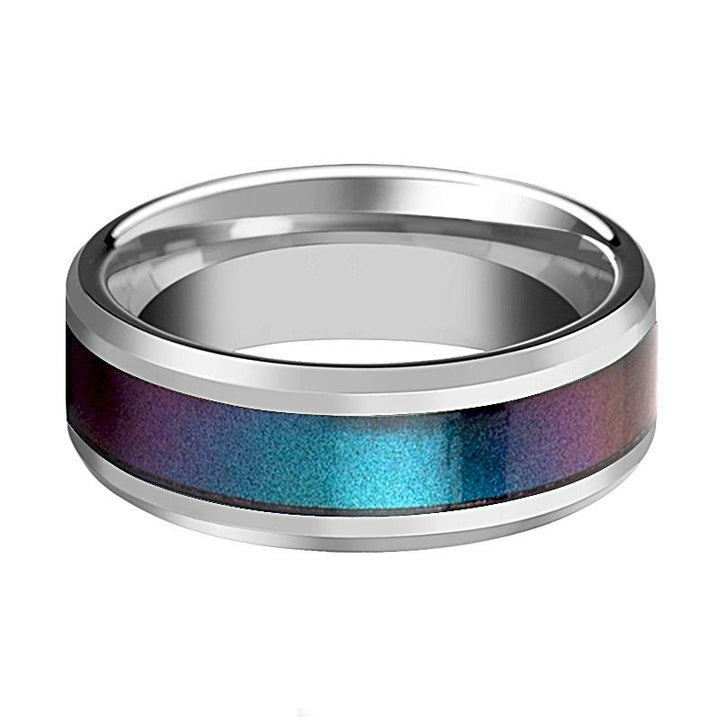 STINGRAY | Silver Tungsten Ring, Blue Purple Color Changing Inlay, Beveled - Rings - Aydins Jewelry - 2