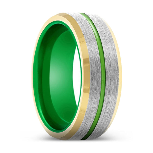 STORMLORD | Green Ring, Silver Tungsten Ring, Green Groove, Gold Beveled Edge