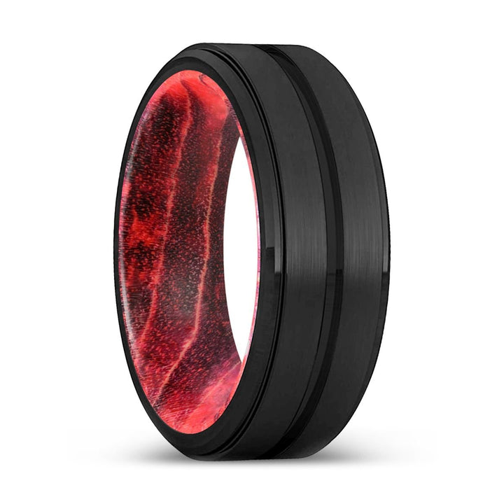 STUART | Black & Red Wood, Black Tungsten Ring, Grooved, Stepped Edge - Rings - Aydins Jewelry - 1