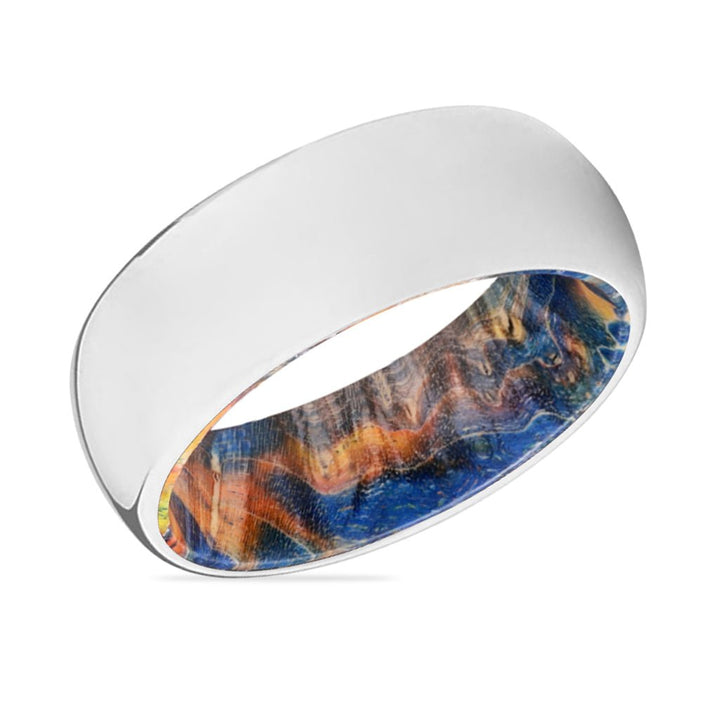 SUMMER | Blue & Yellow/Orange Wood, Silver Tungsten Ring, Shiny, Domed - Rings - Aydins Jewelry - 2