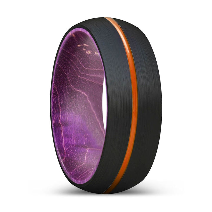 SUMPTUOUS | Purple Wood, Black Tungsten Ring, Orange Groove, Domed - Rings - Aydins Jewelry - 1