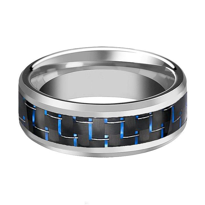 SUPERIOR | Silver Tungsten Ring, Blue Carbon Fiber, Beveled - Rings - Aydins Jewelry - 2