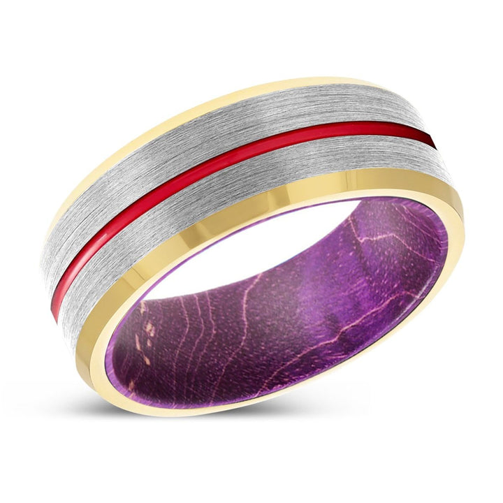 SURGE | Purple Wood, Silver Tungsten Ring, Red Groove, Gold Beveled Edge - Rings - Aydins Jewelry - 2