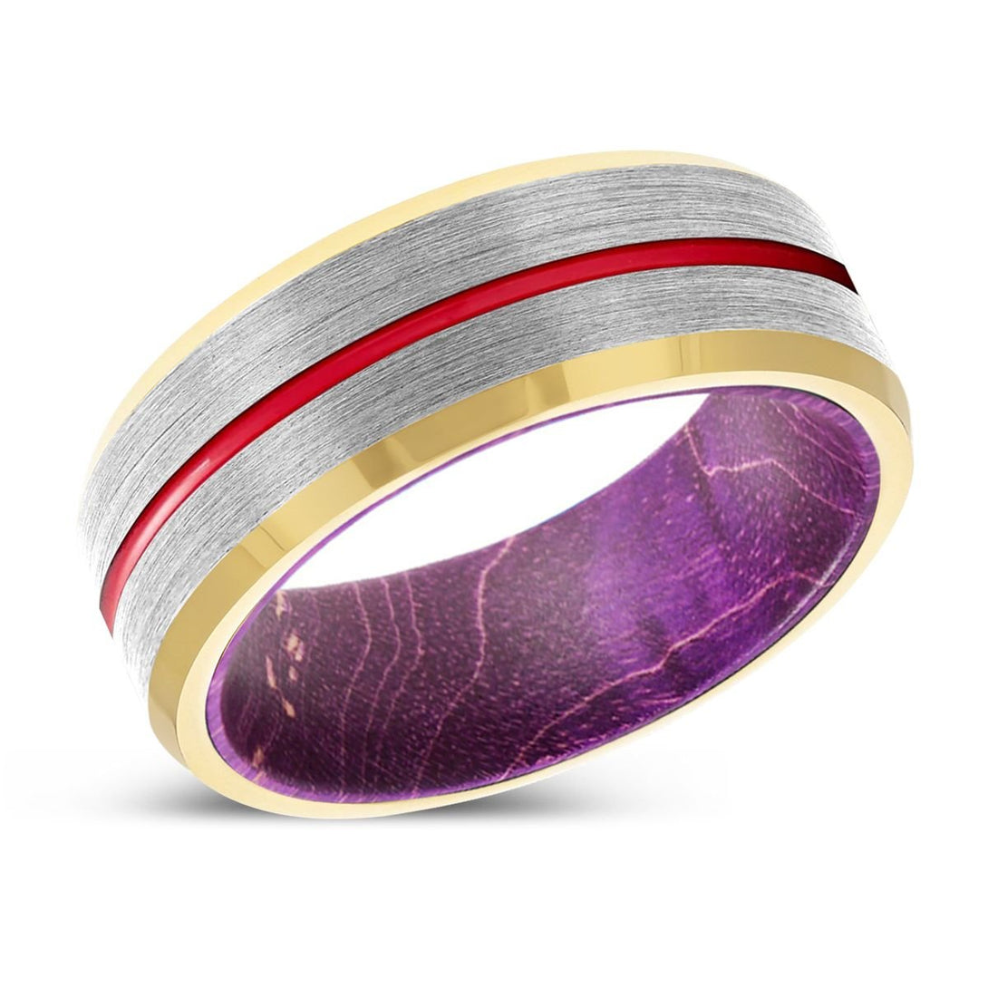 SURGE | Purple Wood, Silver Tungsten Ring, Red Groove, Gold Beveled Edge - Rings - Aydins Jewelry - 2