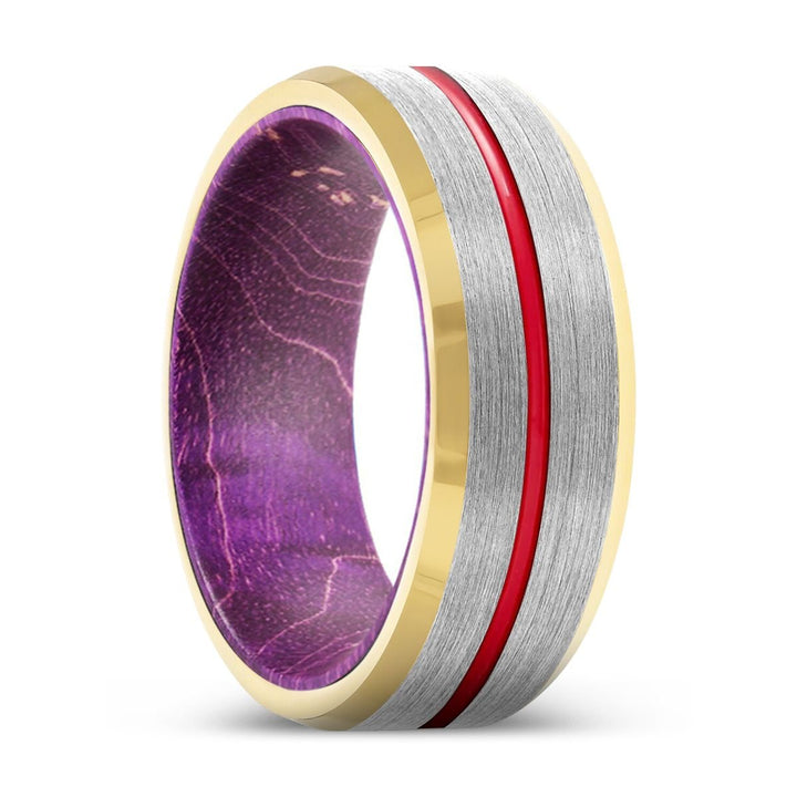 SURGE | Purple Wood, Silver Tungsten Ring, Red Groove, Gold Beveled Edge - Rings - Aydins Jewelry - 1