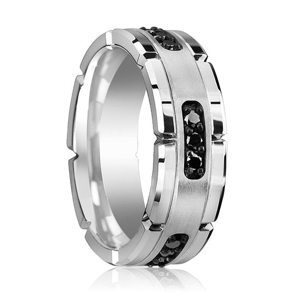 SURYA | Tungsten Ring Silver Inlay & Black Diamond